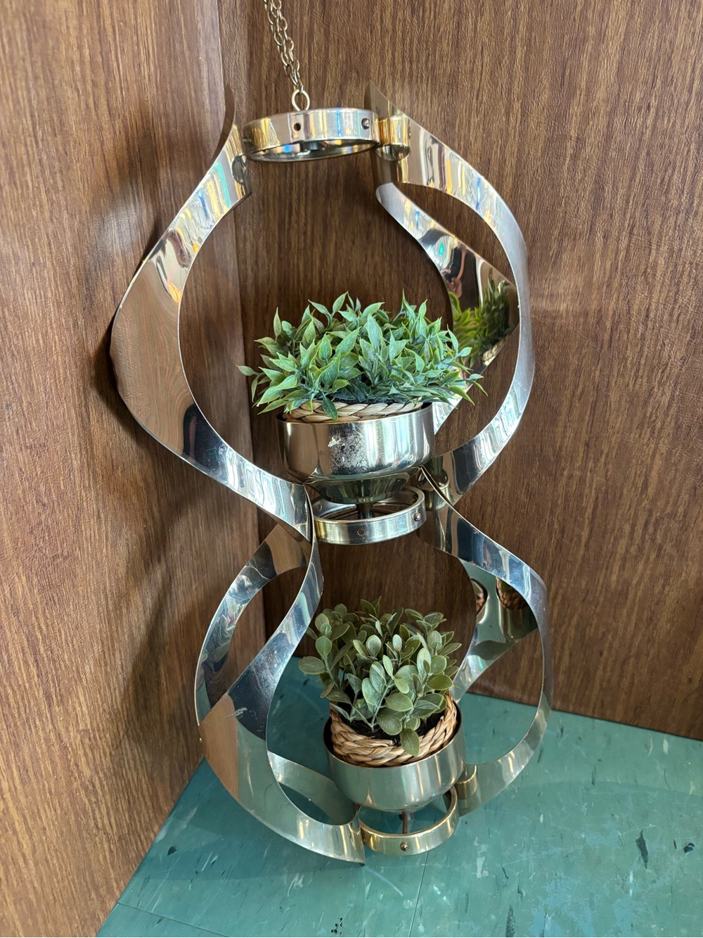 Vintage gold brass spiral hanging candle holder plant holder mcm